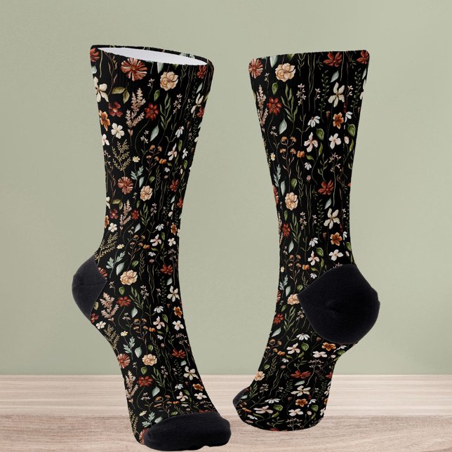 Watercolor Vintage Wildflower Floral Botanical Socks (Close up)