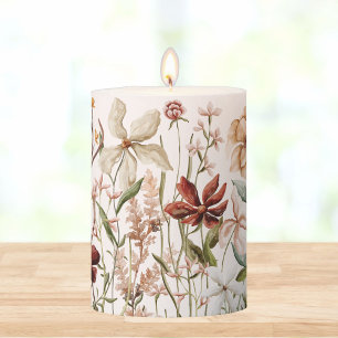 Watercolor Vintage Wildflower Meadow Floral Pillar Candle