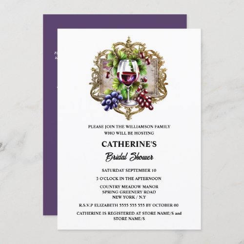Watercolor vintage wine glasses grapes country  invitation