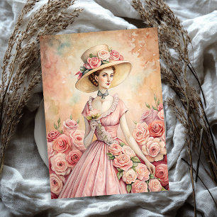 Watercolor vintage woman with pink roses tissue paper