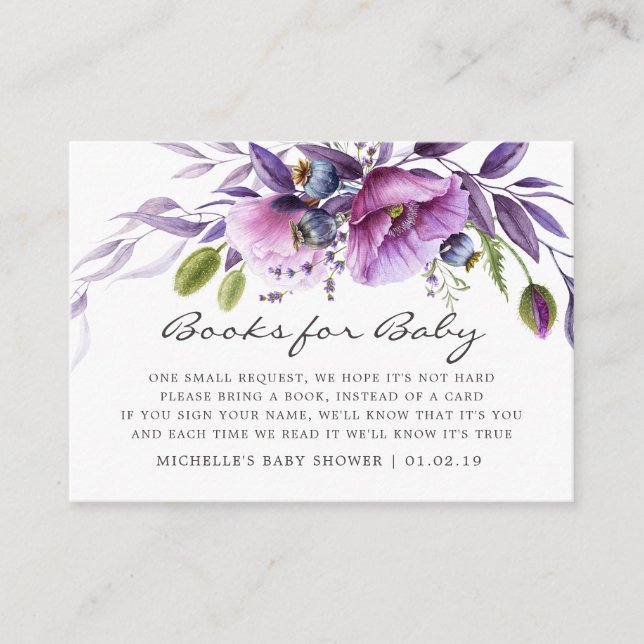 Watercolor Violet Floral Baby Shower Book Request Enclosure Card (Front)