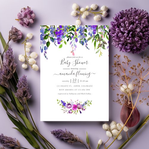 Watercolor Violet Floral Baby Shower Invitation