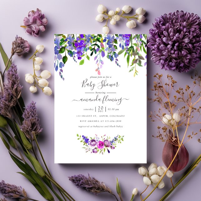 Watercolor Violet Floral Baby Shower Invitation (Creator Uploaded)