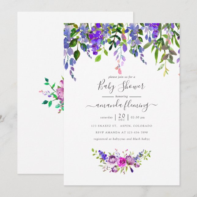 Watercolor Violet Floral Baby Shower Invitation (Front/Back)