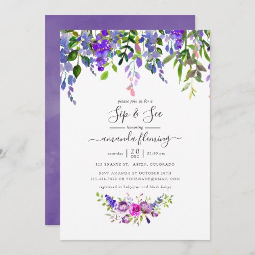 Watercolor Violet Floral Sip and See Invitation