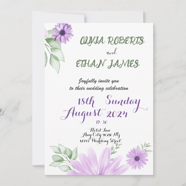 Watercolor Violet Floral Wedding Elegant Invitation (Front)