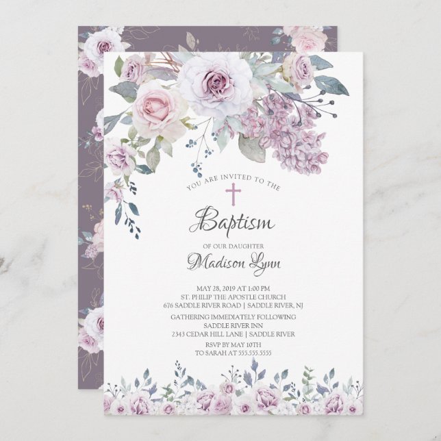 Watercolor Violet Flowers Baptism Invitation (Front/Back)