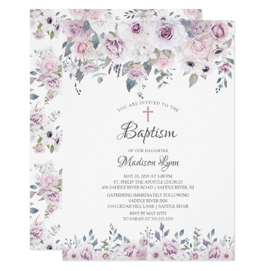 Watercolor Violet Flowers Baptism Invitation | Zazzle.com