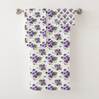 Watercolor Violet Flowers Bouquet Bath Towel Set