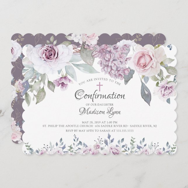 Watercolor Violet Flowers Confirmation Invitation (Front/Back)