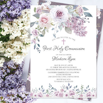Watercolor Violet Flowers First Communion Invitation by invitationstop at Zazzle