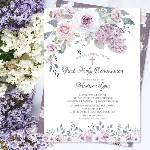 Watercolor Violet Flowers First Communion Invitation