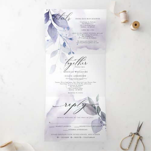 Watercolor Violet Leafy ALL IN ONE WEDDING Tri_Fol Tri_Fold Invitation