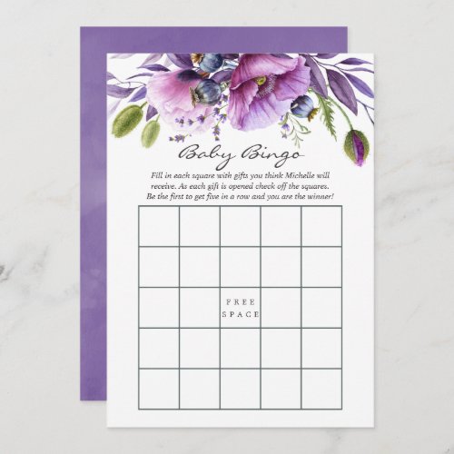 Watercolor Violet Poppy Floral Baby Shower Bingo Invitation