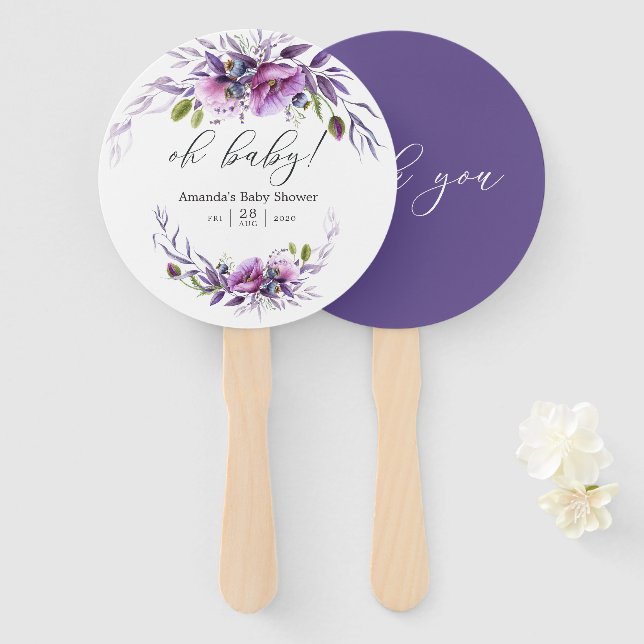 Watercolor Violet Poppy Floral Baby Shower Hand Fan (Front and Back)
