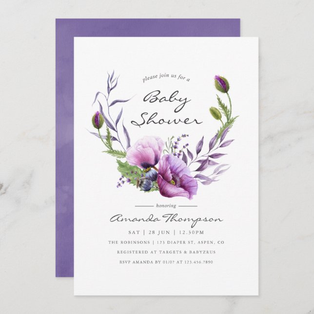 Watercolor Violet Poppy Floral Baby Shower Invite (Front/Back)