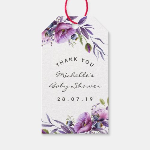 Watercolor Violet Poppy Floral Baby Shower Thanks Gift Tags