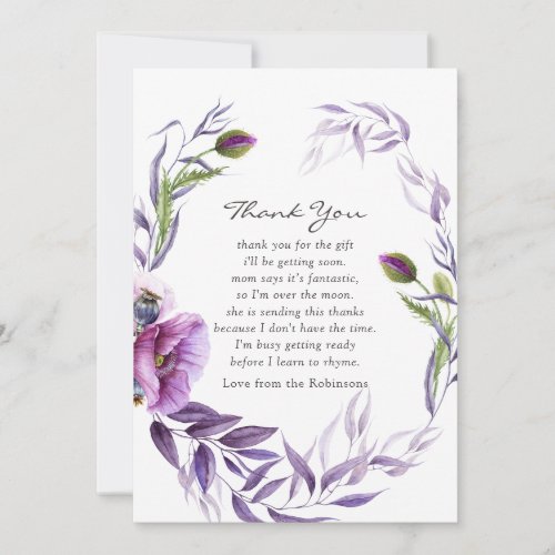 Watercolor Violet Poppy Floral Baby Shower Thanks Thank You Card