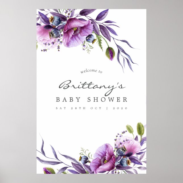 Watercolor Violet Poppy Floral Baby Shower Welcome Poster (Front)