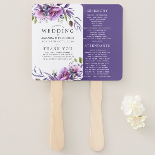 Watercolor Violet Poppy Floral Wedding Program Hand Fan
