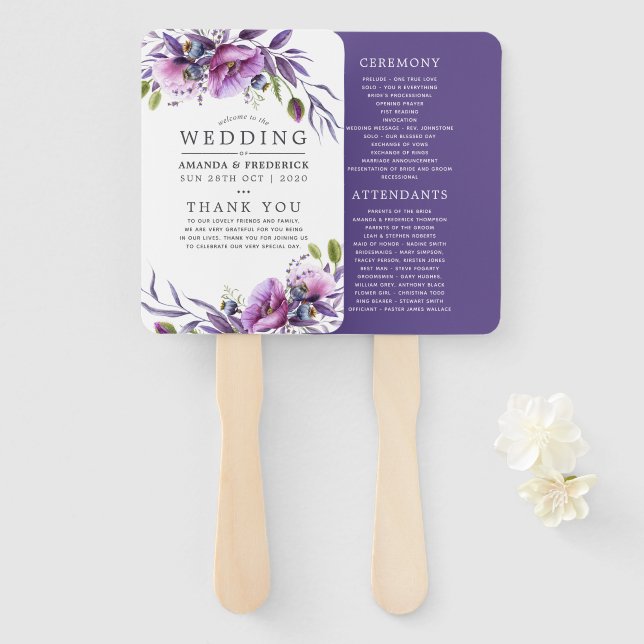 Watercolor Violet Poppy Floral Wedding Program Hand Fan (Front and Back)