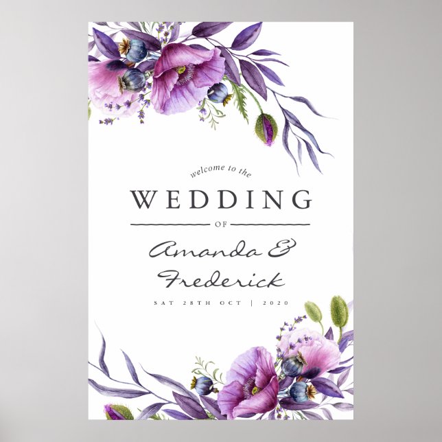 Watercolor Violet Poppy Floral Wedding Welcome Poster (Front)
