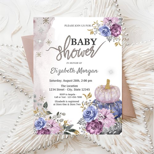 Watercolor Violet Pumpkins Flowers Baby Shower Invitation