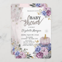 Watercolor Violet Pumpkins Flowers Baby Shower Invitation
