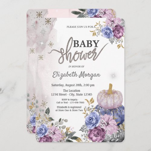 Watercolor Violet Pumpkins Flowers Baby Shower Invitation