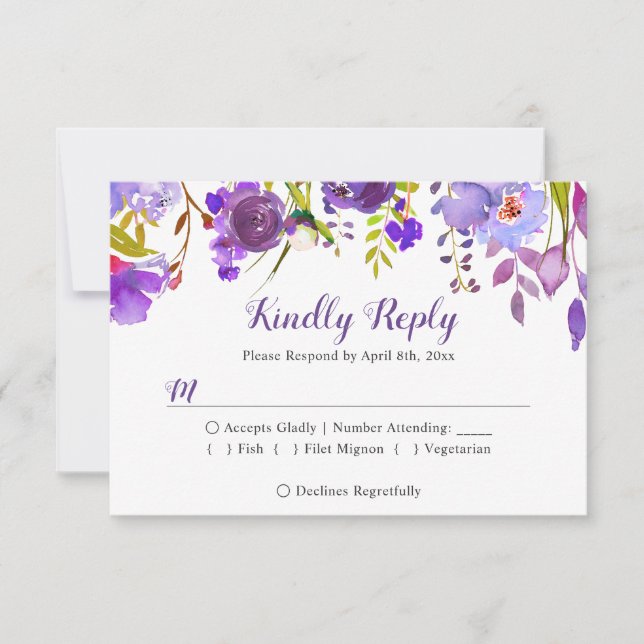 Watercolor Violet Purple Floral Wedding RSVP Reply (Front)