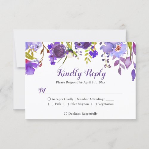 Watercolor Violet Purple Floral Wedding RSVP Reply - Watercolor Violet Purple Floral Wedding RSVP Reply Card. 
(1) For further customization, please click the "customize further" link and use our design tool to modify this template. 
(2) If you prefer Thicker papers / Matte Finish, you may consider to choose the Matte Paper Type. 
(3) If you need help or matching items, please contact me.