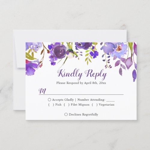 Watercolor Violet Purple Floral Wedding RSVP Reply - Watercolor Violet Purple Floral Wedding RSVP Reply Card. 
(1) For further customization, please click the "customize further" link and use our design tool to modify this template. 
(2) If you prefer Thicker papers / Matte Finish, you may consider to choose the Matte Paper Type. 
(3) If you need help or matching items, please contact me.