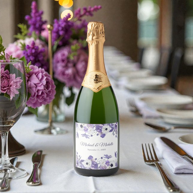 Watercolor Violet Purple Flowers Wedding Sparkling Wine Label (Creator Uploaded)