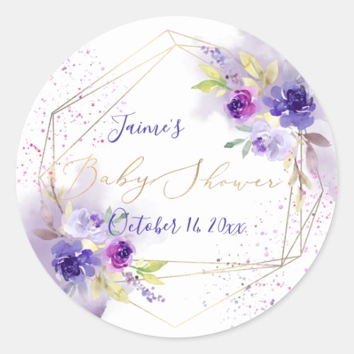 Watercolor Violet Purple Peonies Baby Shower Classic Round Sticker