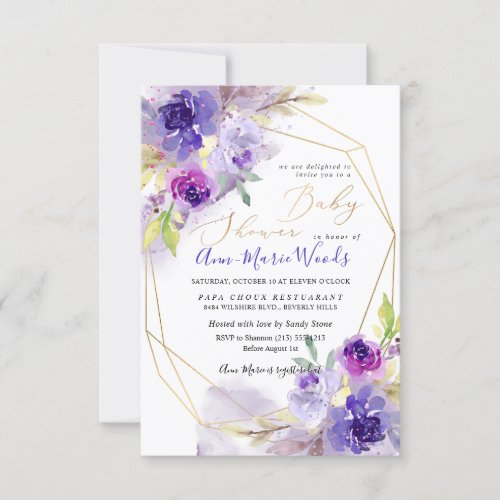 Watercolor Violet Purple Peonies Baby Shower Invitation