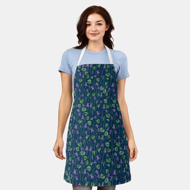 Watercolor violets on blue apron (Worn)