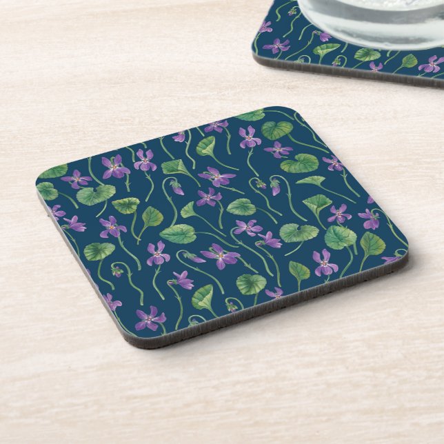 Watercolor violets on blue beverage coaster (Left Side)