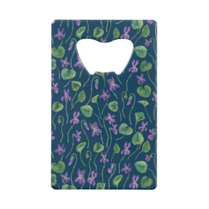Watercolor violets on blue credit card bottle opener