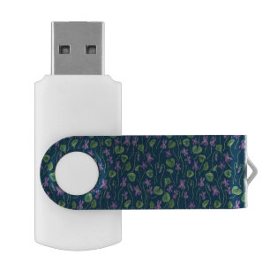Watercolor violets on blue flash drive