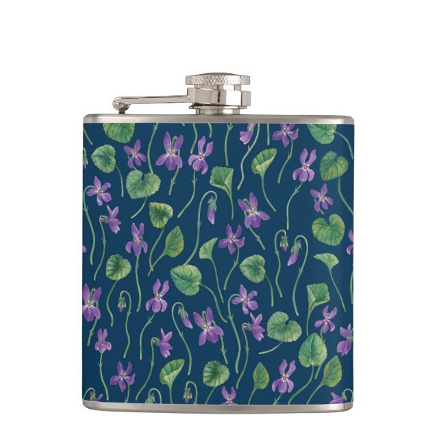 Watercolor violets on blue flask (Front)