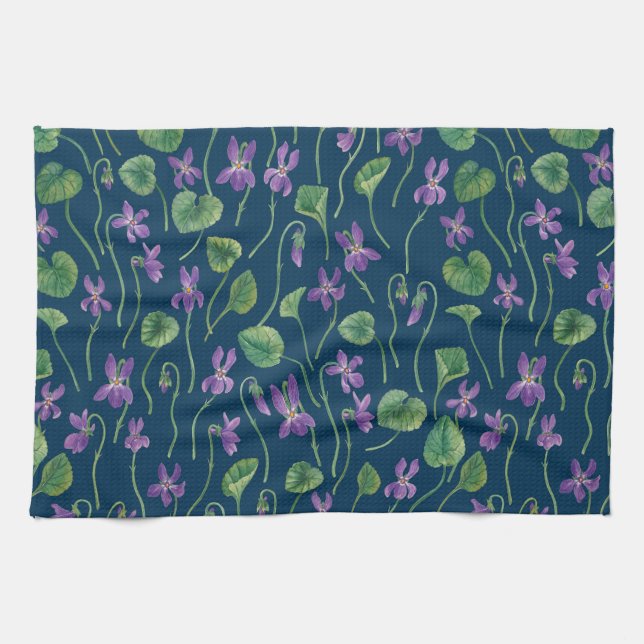 Watercolor violets on blue kitchen towel (Horizontal)