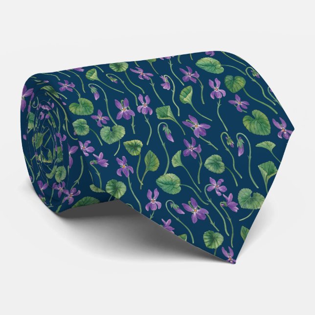 Watercolor violets on blue neck tie (Rolled)