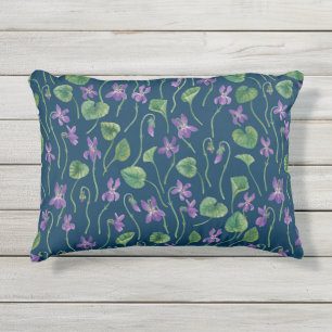 Watercolor violets on blue outdoor pillow