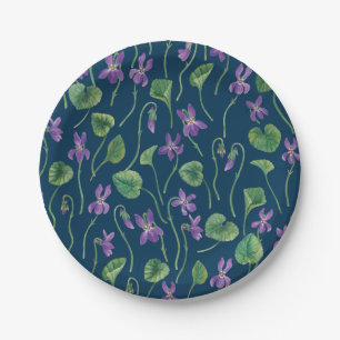 Watercolor violets on blue paper plates
