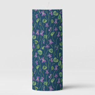 Watercolor violets on blue pillar candle