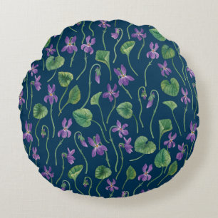 Watercolor violets on blue round pillow