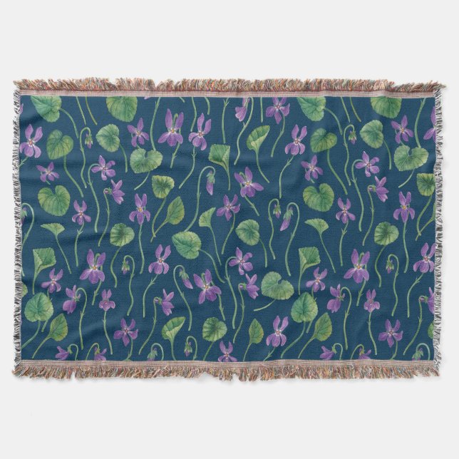Watercolor violets on blue throw blanket (Front)