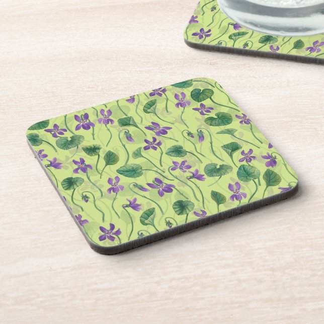 Watercolor violets on honey dew beverage coaster (Left Side)