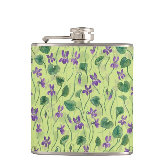 Watercolor violets on honey dew flask (Front)