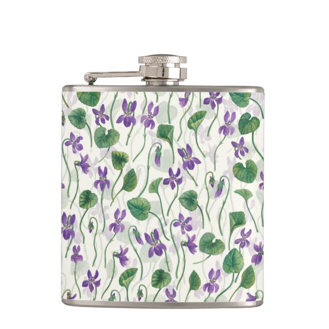 Watercolor violets on off white flask (Front)
